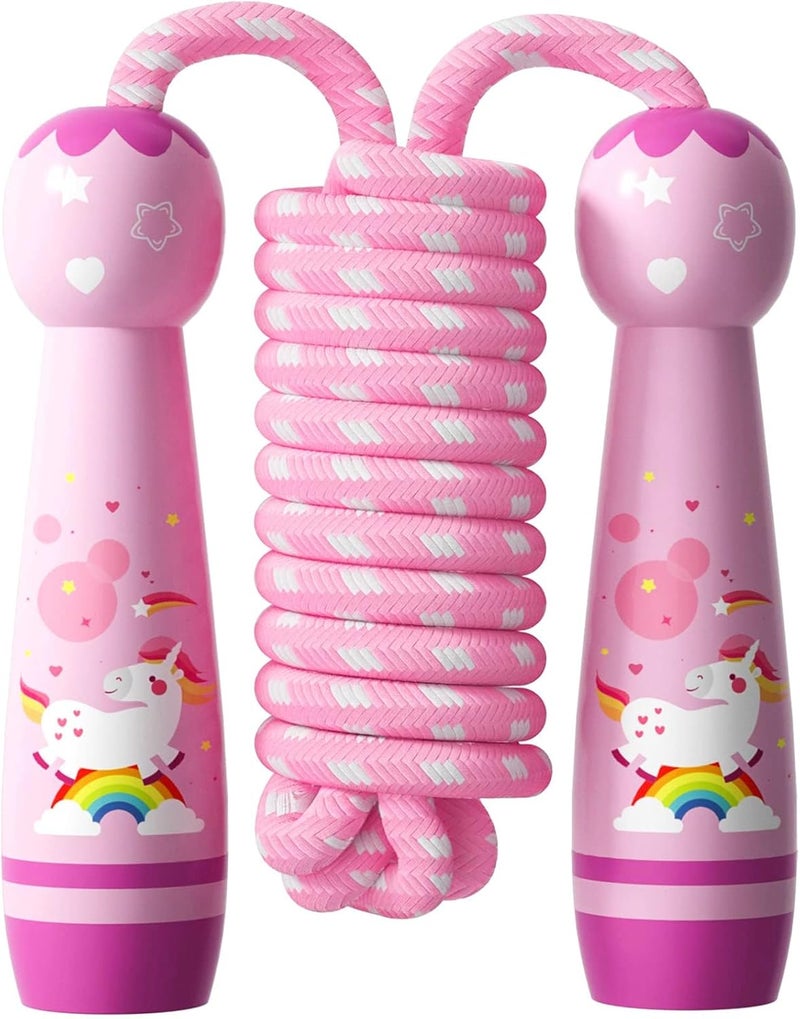 JGM Jump Rope for Kids-Adjustable Cotton Braided Skipping Rope with Wooden Handle for Toddler Fitness Workout Exercise Outdoor Activity - Image 1
